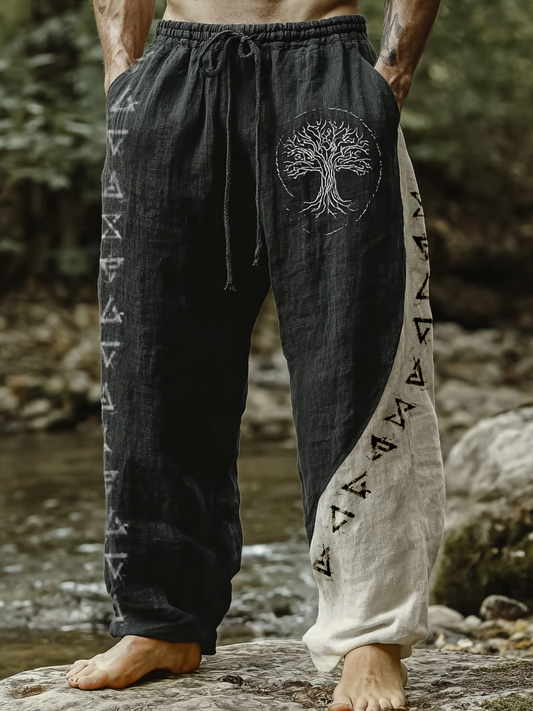 Men's Viking Raven Tribal Totem Two-Tone Vintage Nordic Casual Linen Pants