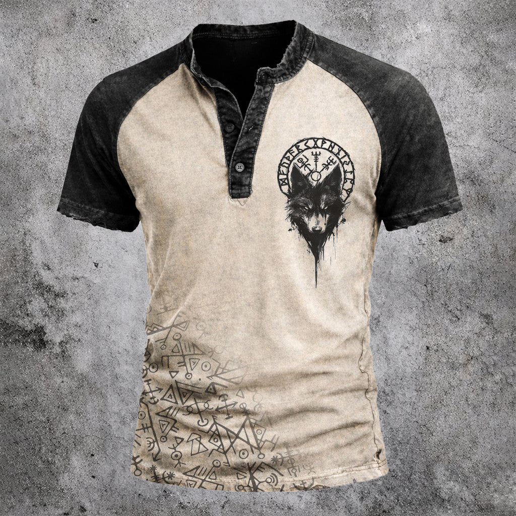 Men's Wolf Runic Print Henley T-Shirt - Vintage Distressed Two-Tone Short Sleeve Casual Top
