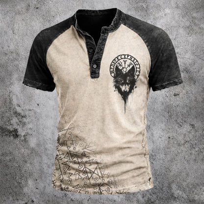 Men's Wolf Runic Print Henley T-Shirt - Vintage Distressed Two-Tone Short Sleeve Casual Top