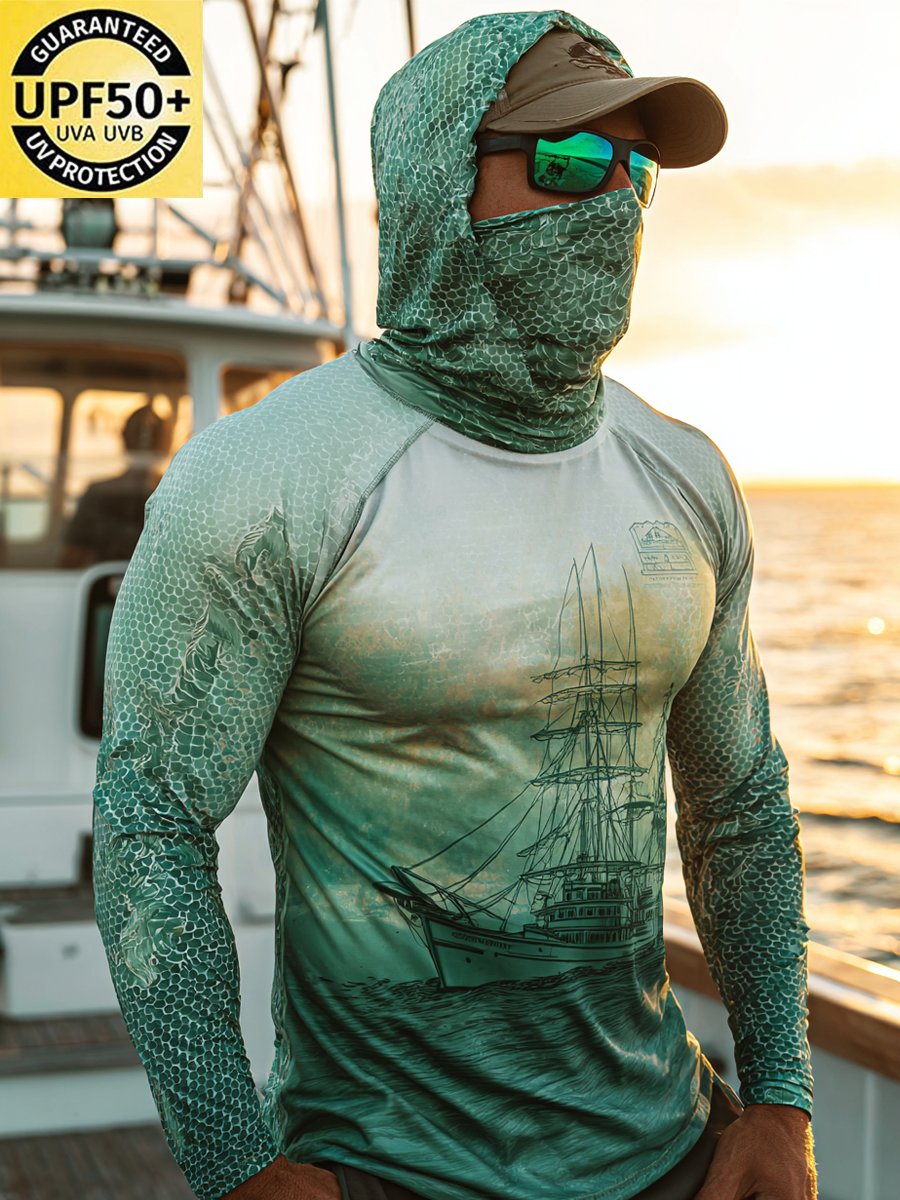 Men's Outdoor Sun Protection Breathable Cool Face Mask Hooded Printed Long-Sleeved Top