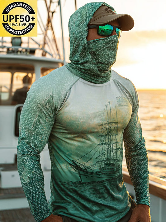 Men's Outdoor Sun Protection Breathable Cool Face Mask Hooded Printed Long-Sleeved Top