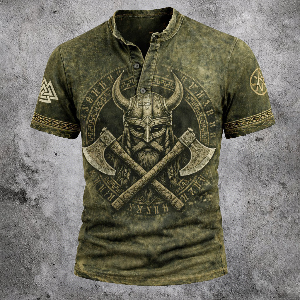 Unisex Viking Warrior Graphic Henley T-Shirt - Norse Mythology Distressed Short Sleeve Top