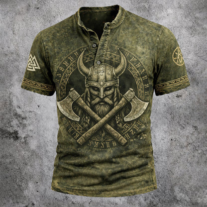 Unisex Viking Warrior Graphic Henley T-Shirt - Norse Mythology Distressed Short Sleeve Top