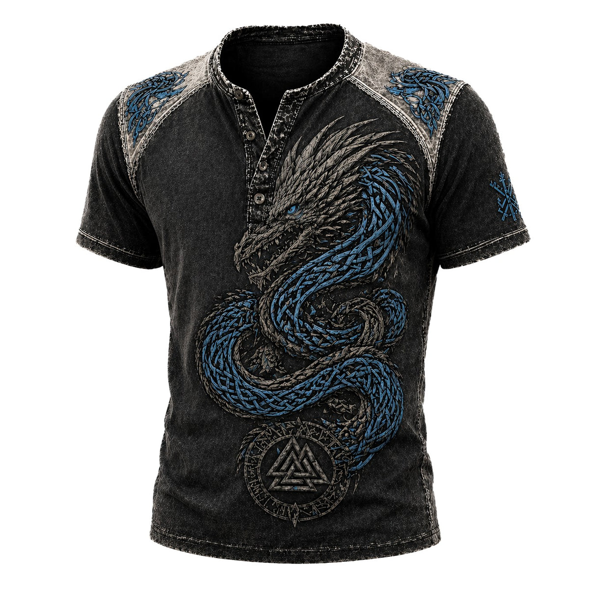 Men's Nordic Dragon Graphic Henley T-Shirt - Grey Blue Viking Mythology Short Sleeve Top