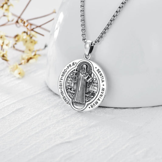 Sterling Silver Round Saint Benedict Pendant Necklace for Men