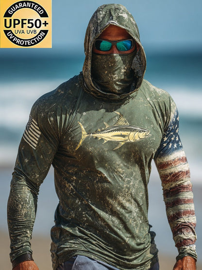 Men's Outdoor Sun Protection Breathable Cool Face Mask Hooded Printed Long-Sleeved Top