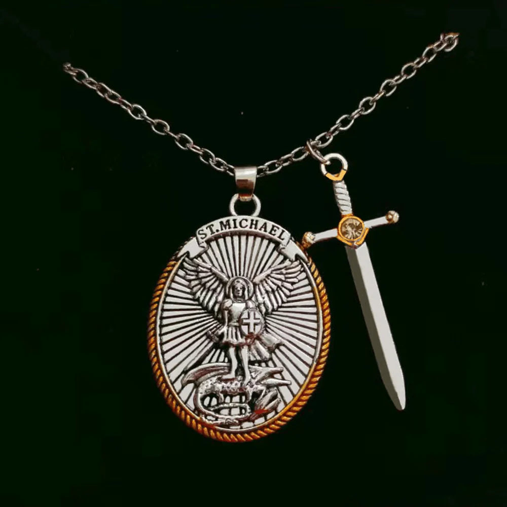 Two Tone Sword & Oval Shield St. Michael Pendant Necklace