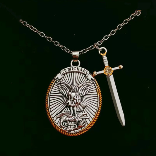 Two Tone Sword & Oval Shield St. Michael Pendant Necklace
