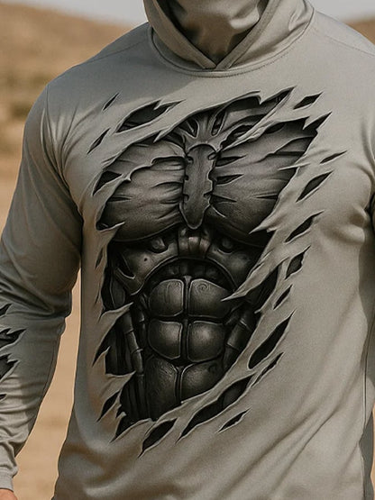 Men's Outdoor Sun Protection Breathable Cool Real 3D Printed Mask Hooded Sun Protection Long-Sleeved Top