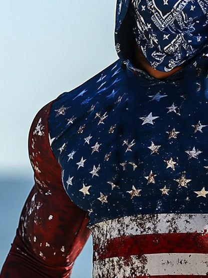 Men's Outdoor Sun Protection Breathable Cool Mask American Flag Print Hooded Sun Protection Long Sleeve Top