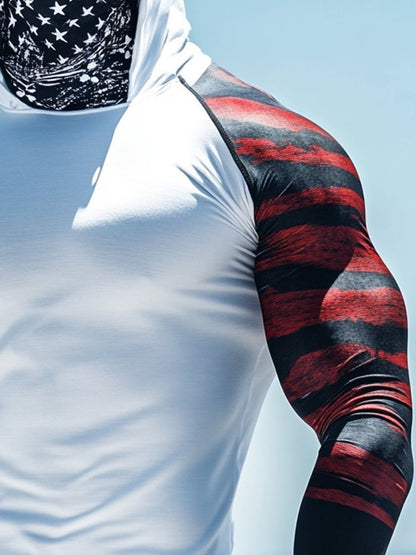 Men's Outdoor Sun Protection Breathable Cool Mask American Flag Print Hooded Sun Protection Long Sleeve Top