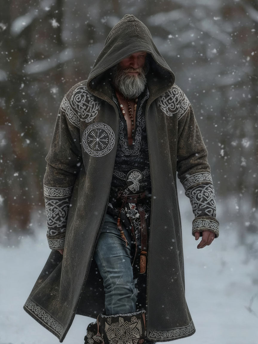 Men's Viking Vintage Totem Crow Printed Hooded Jacket