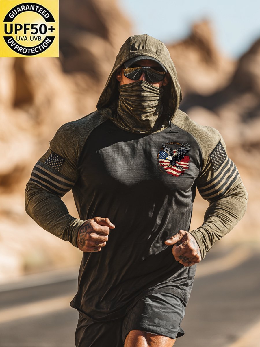 Men's Outdoor Sun Protection Breathable Cool Face Mask Hooded Printed Long-Sleeved Top