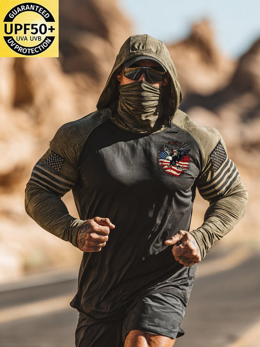Men's Outdoor Sun Protection Breathable Cool Face Mask Hooded Printed Long-Sleeved Top