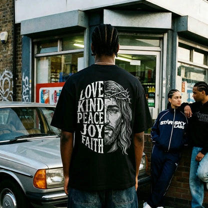Love Kind Peace Joy Faith Jesus Face Christian Printed Men's T-shirt