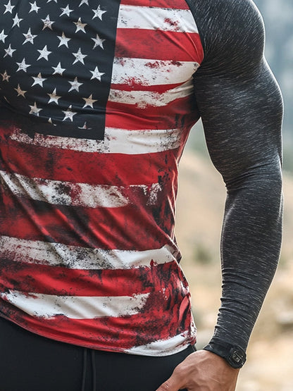 Men's Outdoor Sun Protection Breathable Cool Mask American Flag Print Hooded Sun Protection Long Sleeve Top