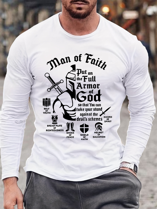 The Man Of Faith Put On The Full Armor Of Gods To Against Devil`S Scheme  Christian Cotton Long Sleeve T-Shirt