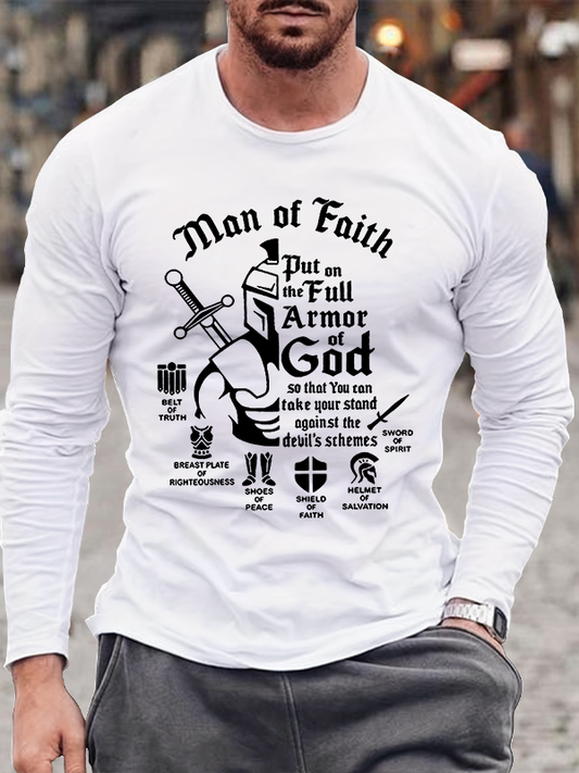The Man Of Faith Put On The Full Armor Of Gods To Against Devil`S Scheme  Christian Cotton Long Sleeve T-Shirt