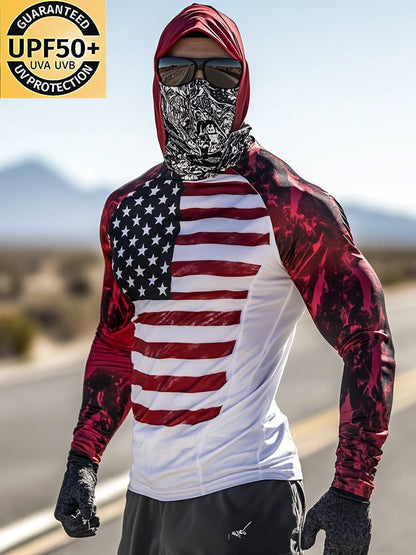 Men's Outdoor Sun Protection Breathable Cool Mask American Flag Print Hooded Sun Protection Long Sleeve Top