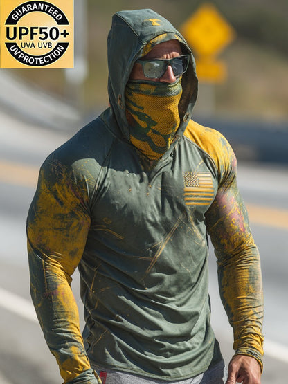 Men's Retro Flag Logo Outdoor Sun Protection Breathable Cooling Mask Hooded Sun Protection Long Sleeve Top