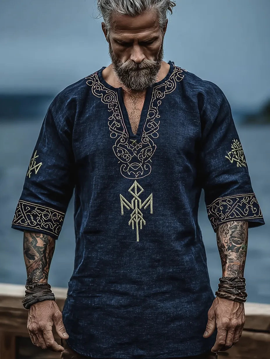 Men's Viking Occult Style Vintage Golden Rune Long-Sleeve Linen T-shirt