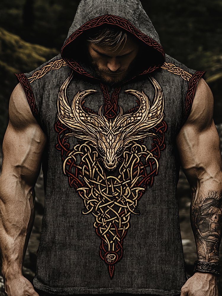 Men's Viking Dragon Retro Celtic Sleeveless Hoodie