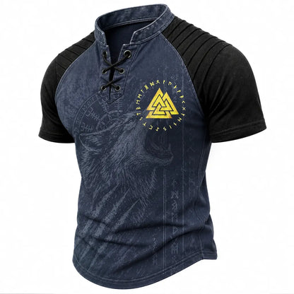 Men's Vintage Wolf Graphic Lace-Up Henley T-Shirt - Norse Print Short Sleeve Tee