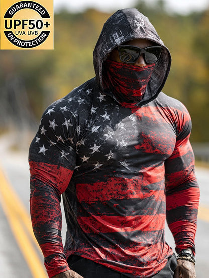 Men's Outdoor Sun-Protective Breathable and Cooling Long Sleeve Hoodie with Flag Print