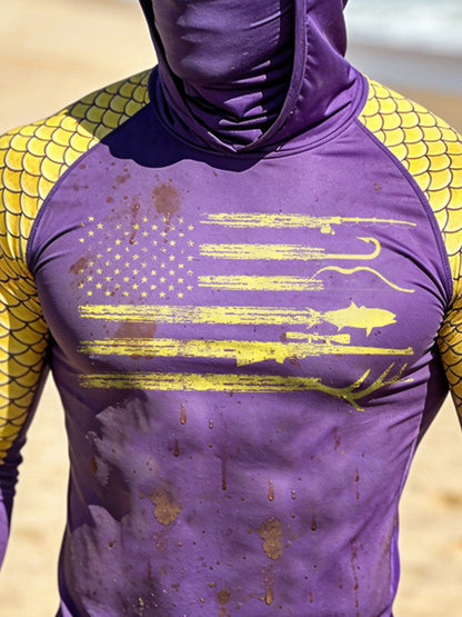 Men's Outdoor Sun Protection Breathable Cool Face Mask Hooded Printed Long-Sleeved Top