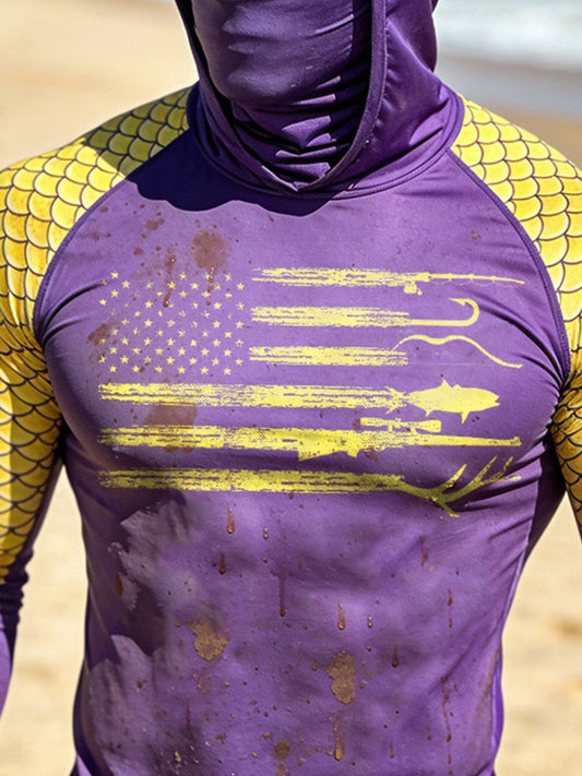 Men's Outdoor Sun Protection Breathable Cool Face Mask Hooded Printed Long-Sleeved Top