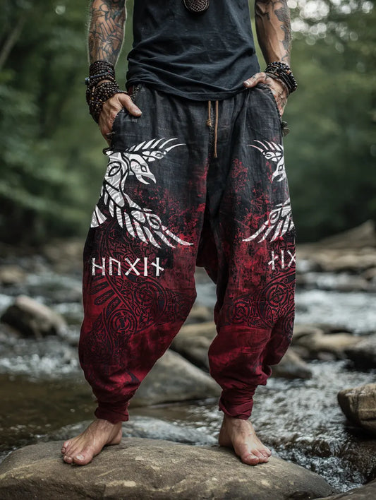 Men's Viking Holiday Style Raven Totem Vintage Nordic Casual Linen Pants