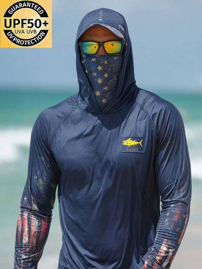 Men's Outdoor Sun Protection Breathable Cool Face Mask Hooded Printed Long-Sleeved Top