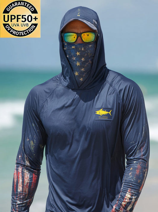 Men's Outdoor Sun Protection Breathable Cool Face Mask Hooded Printed Long-Sleeved Top