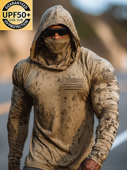 Men's Retro Flag Print Outdoor Sun Protection Breathable Cooling Mask Hooded Sun Protection Long Sleeve Top