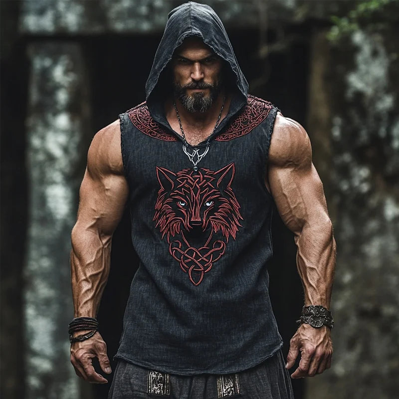 Men's Viking Knot Tribal Print Wolf Art Pattern Linen Sleeveless Hoodie