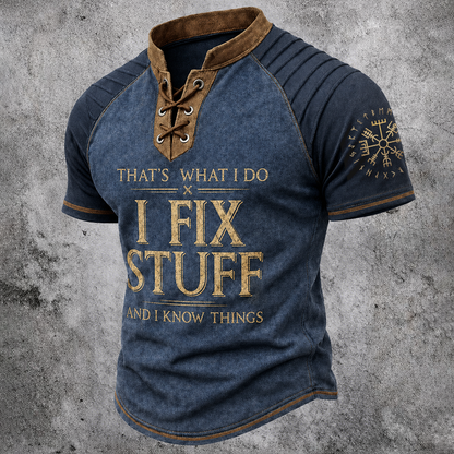 Men's Lace-Up Henley T-Shirt - Blue Rustic Graphic Short Sleeve Stand Collar Top