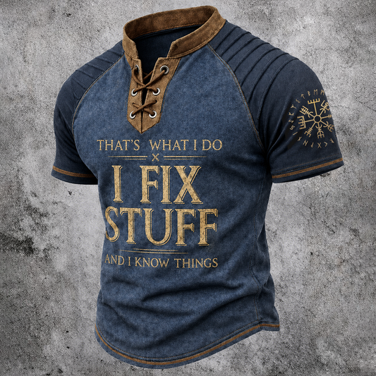 Men's Lace-Up Henley T-Shirt - Blue Rustic Graphic Short Sleeve Stand Collar Top