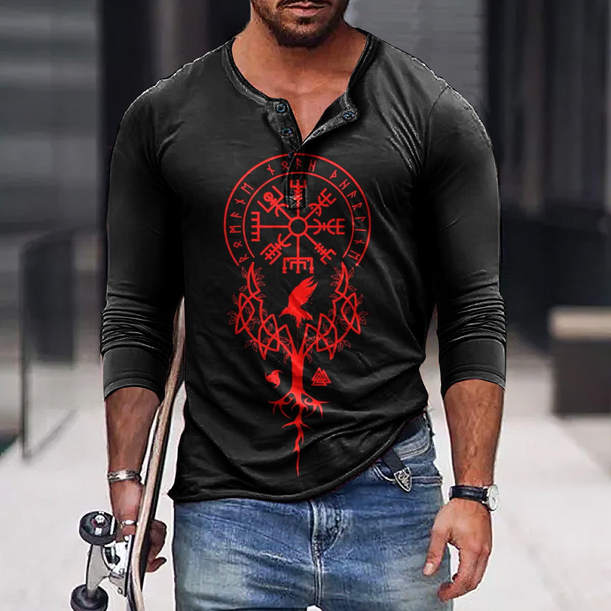 Vintage Viking Totem Print Henley Collar Long Sleeves T-Shirt