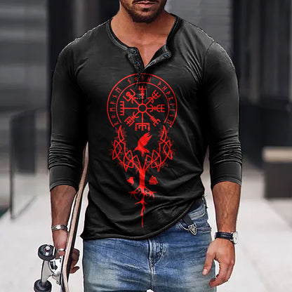 Vintage Viking Totem Print Henley Collar Long Sleeves T-Shirt