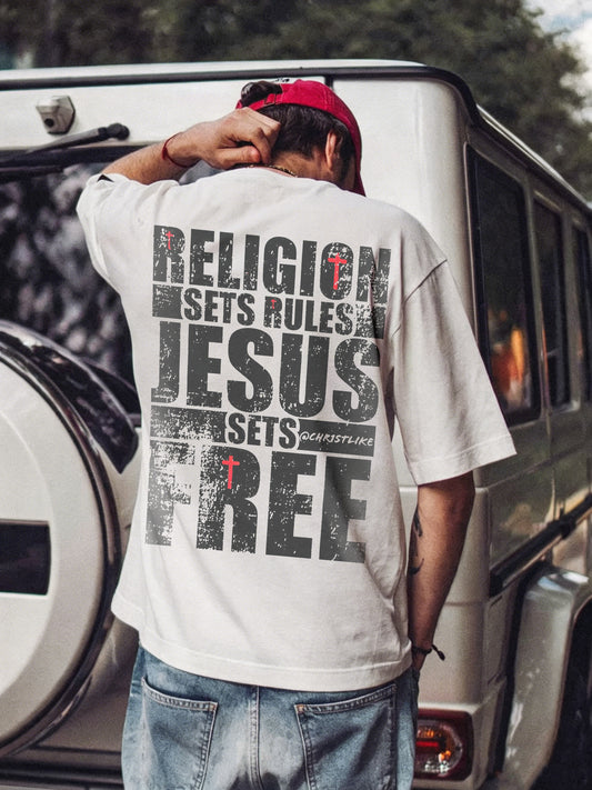 Religion Sets Rules Jesus Sets Free Printed Men's T-shirt