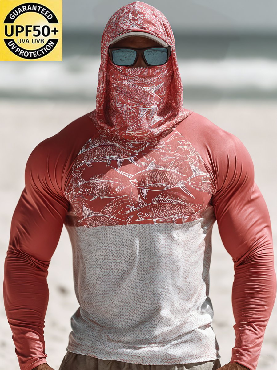 Men's Outdoor Sun Protection Breathable Cool Face Mask Hooded Printed Long-Sleeved Top