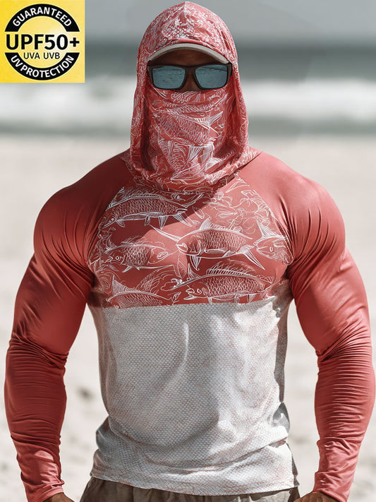 Men's Outdoor Sun Protection Breathable Cool Face Mask Hooded Printed Long-Sleeved Top
