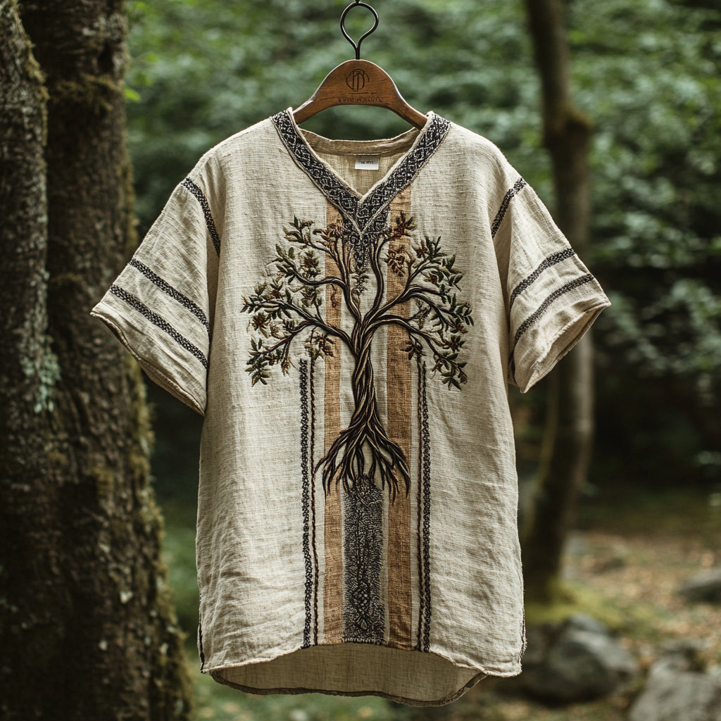 Men's Viking Art Print Pattern Knot Tribal Tree Of Life Linen T-shirt
