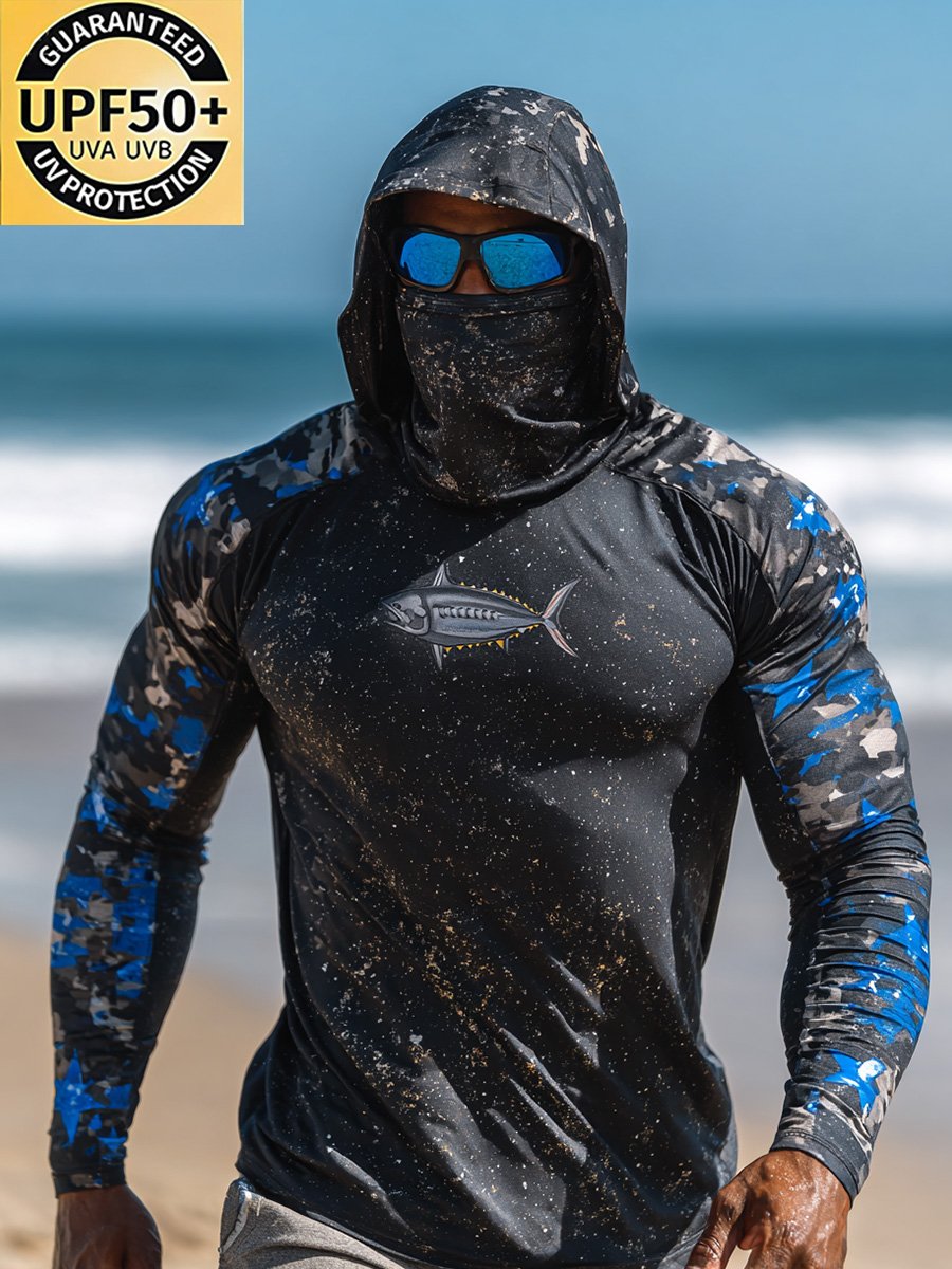 Men's Outdoor Sun Protection Breathable Cool Face Mask Hooded Printed Long-Sleeved Top