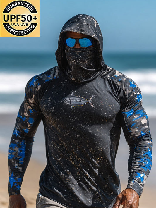 Men's Outdoor Sun Protection Breathable Cool Face Mask Hooded Printed Long-Sleeved Top