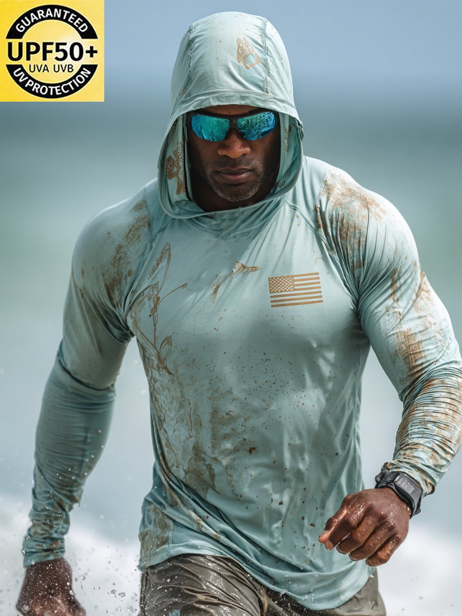 Men's Outdoor Sun Protection Breathable Cool Face Mask Hooded Printed Long-Sleeved Top