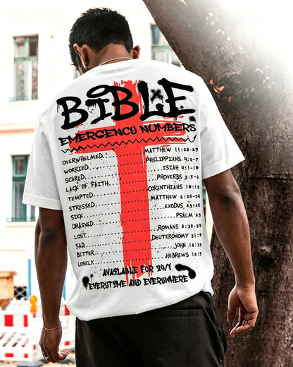 Bible emergency numbers Overwhelmed. Worried. Scared. Lack of faith. Tempted. Stressed. Sick. Drained. Lost. Sad. Bitter Printed Men's T-shirt