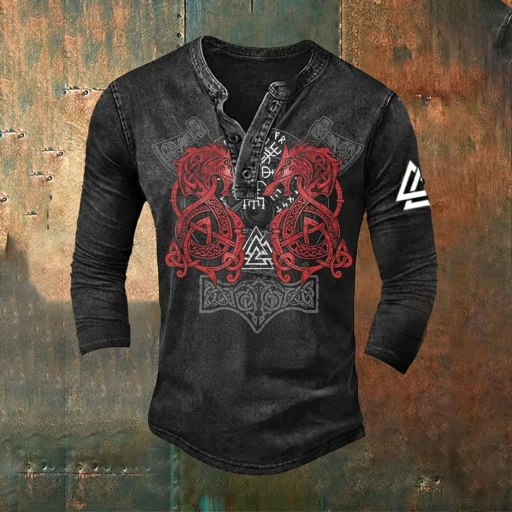 Viking Vegvísir Nordic Fenrir Wolf Unisex Casual Long-Sleeve Henley Shirt