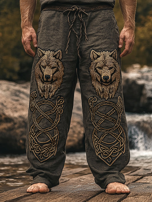 Men's Vintage Viking Wolf Linen Blend Wide Leg Pants