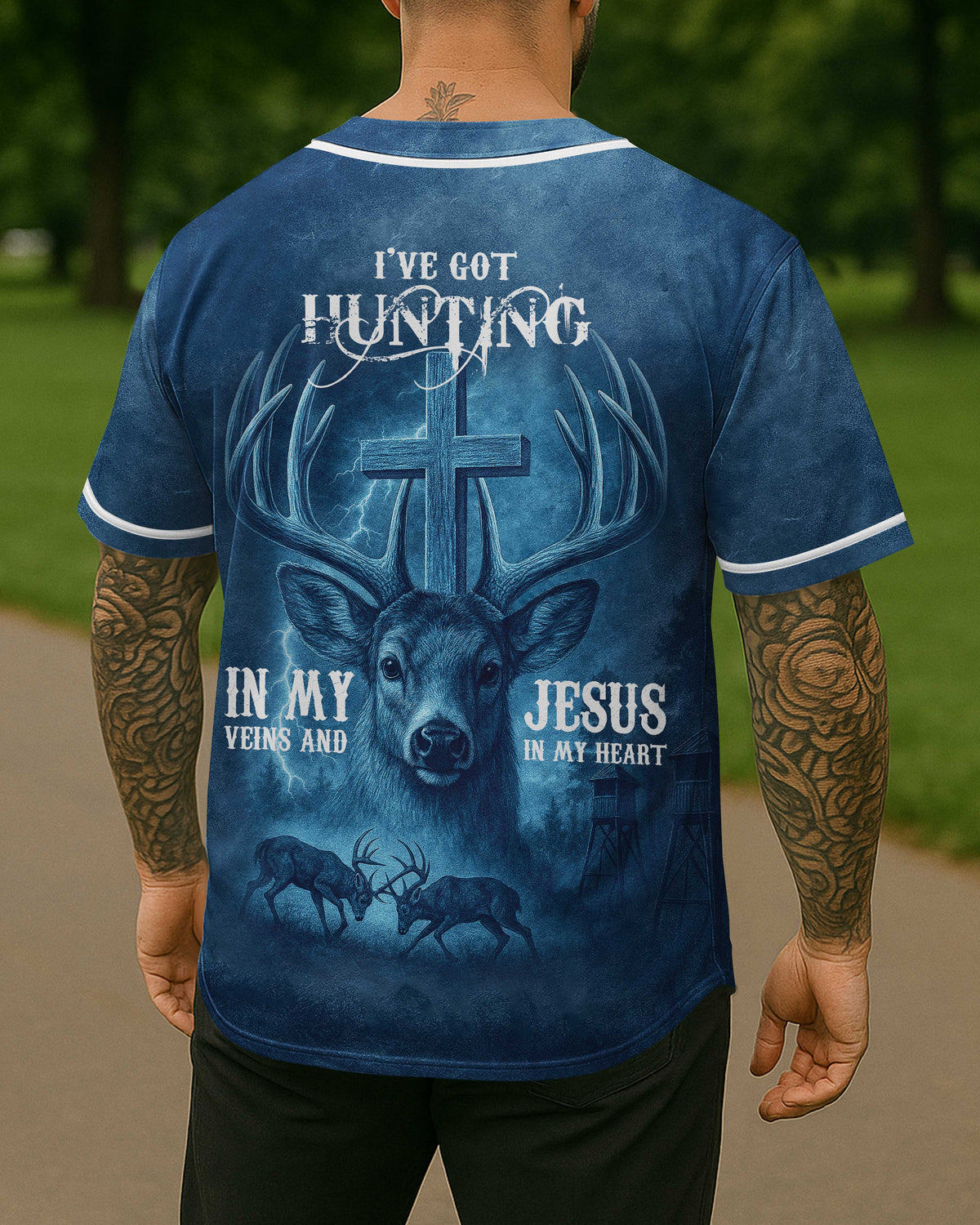 I've Got Hunting In My Veins And Jesus In My Heart Blue T-Shirt